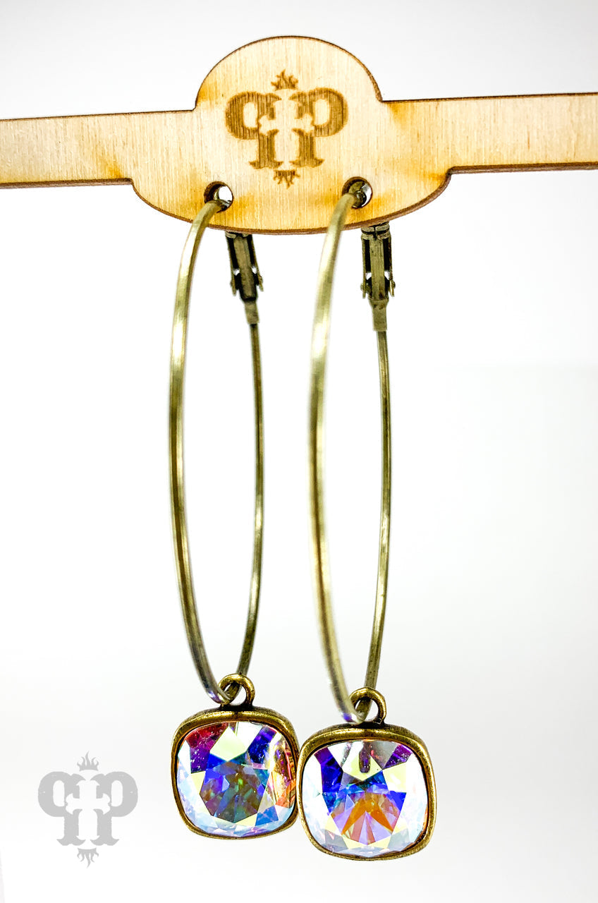 Austrian square crystal hoop earring, 12mm