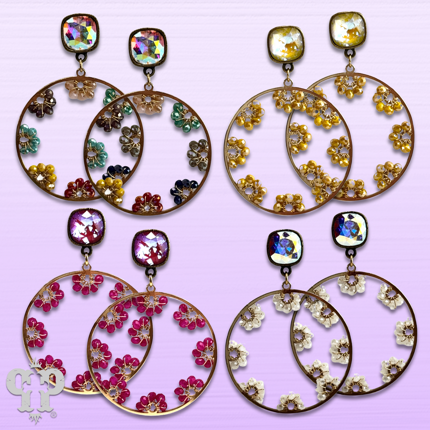 Flower bead and circle earring with Austrian crystal