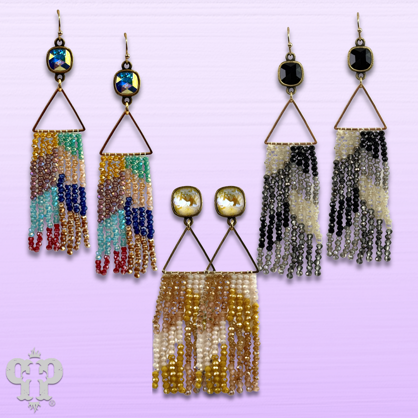 Triangle and bead fringe earring with Austrian crystal, last call