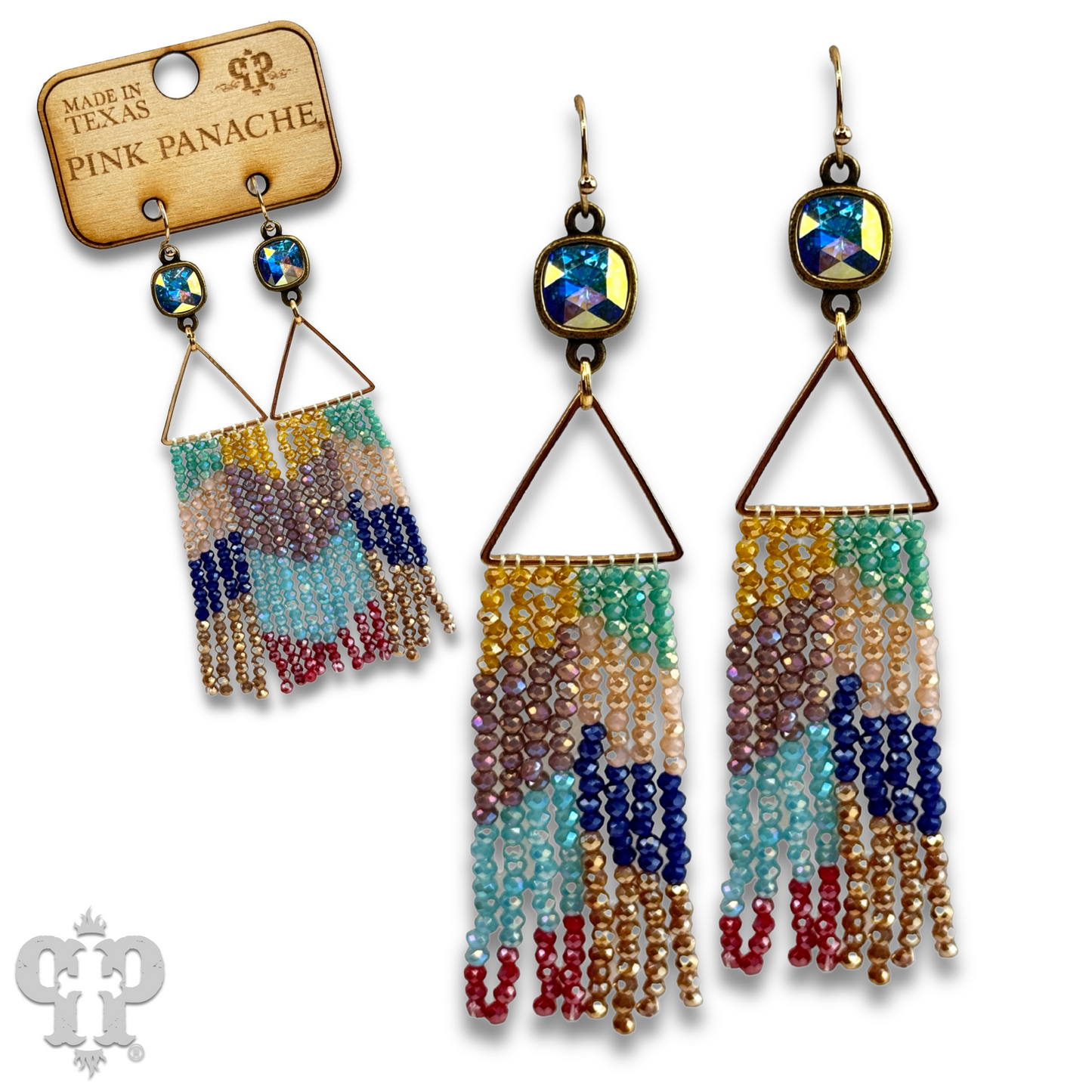 Triangle and bead fringe earring with Austrian crystal, last call