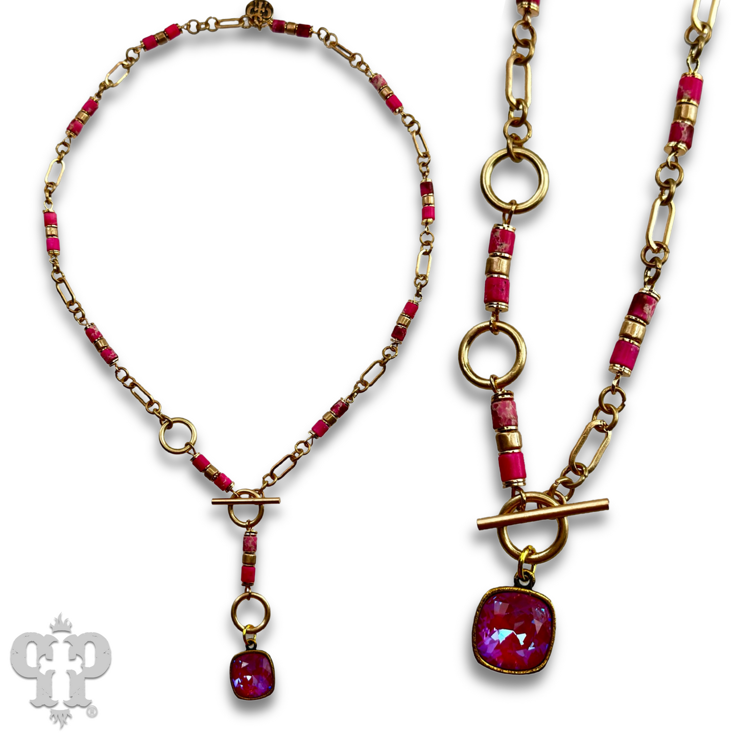 Cylinder stone linked bead with toggle closure and Austrian crystal necklace