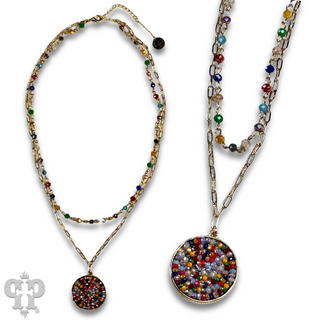 Linked bead and chain seed bead pendant necklace