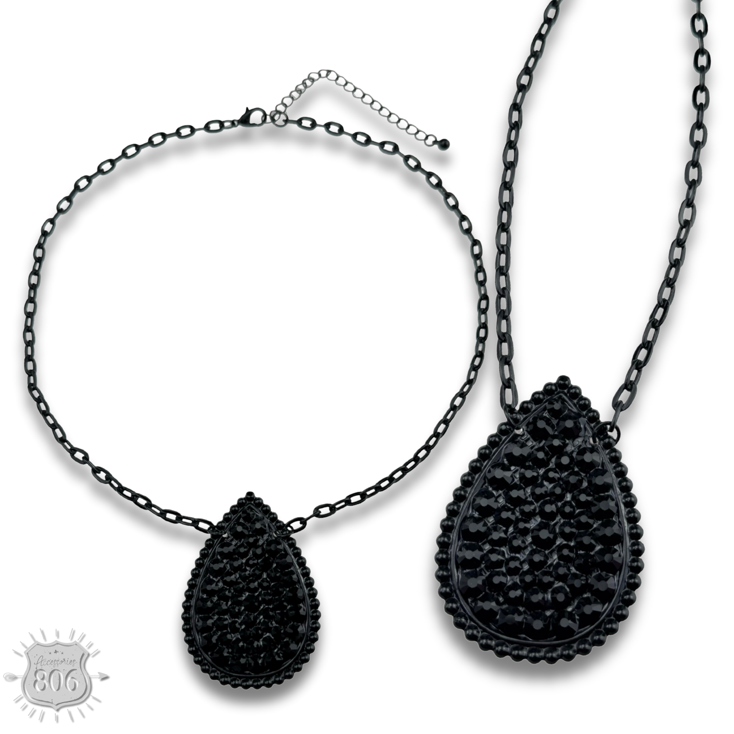 Rhinestone filled teardrop pendant chain necklace