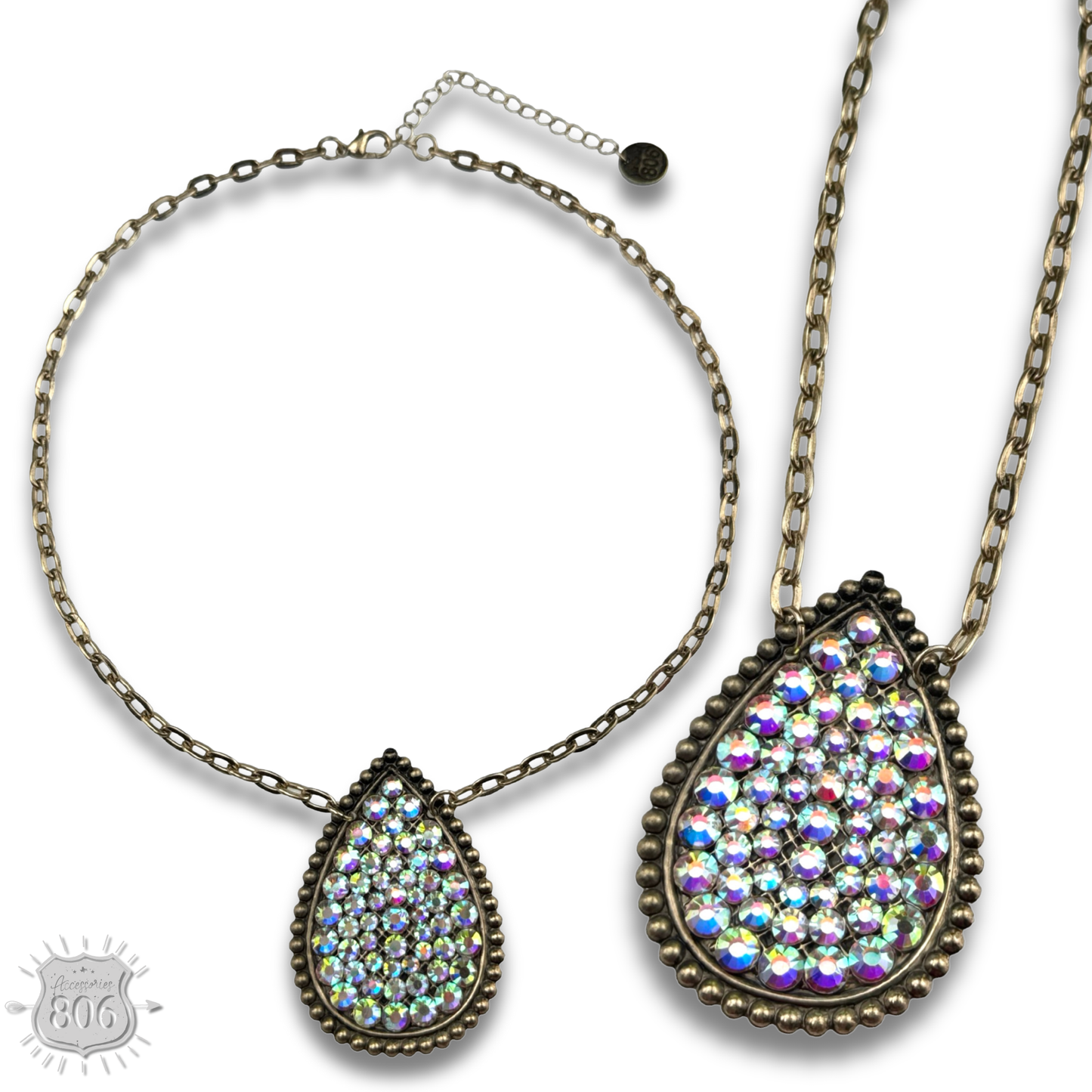 Rhinestone filled teardrop pendant chain necklace
