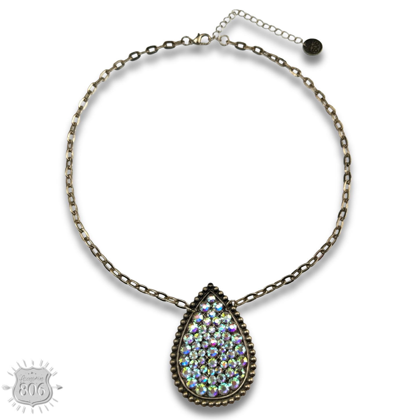 Rhinestone filled teardrop pendant chain necklace