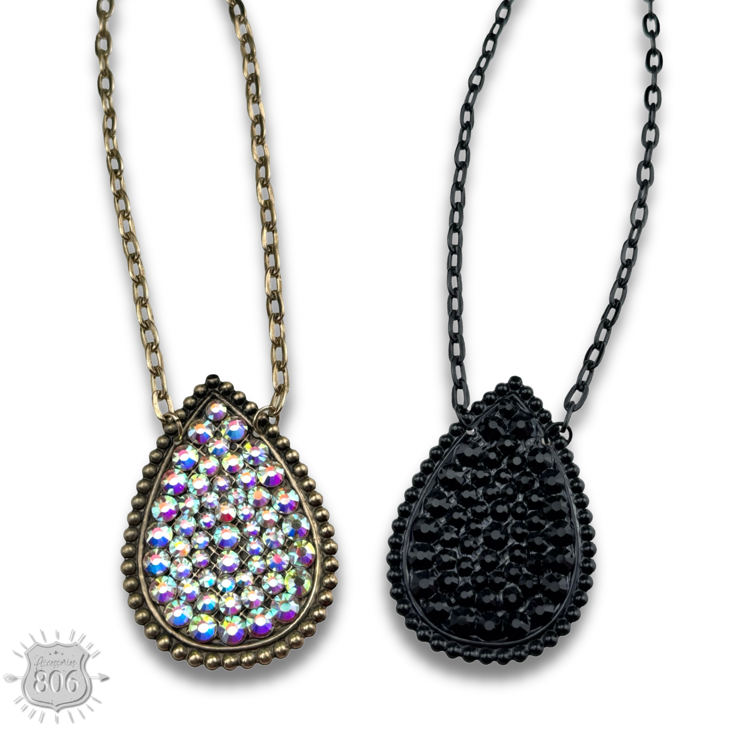 Rhinestone filled teardrop pendant chain necklace
