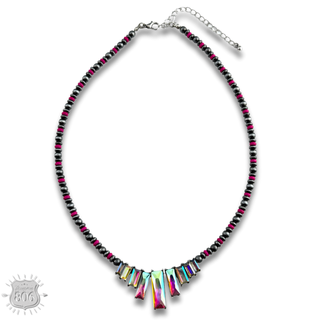 Rhinestone rectangle and burnished bead necklace