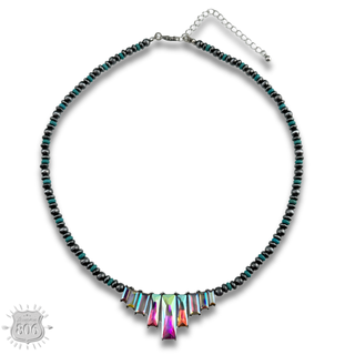 Rhinestone rectangle and burnished bead necklace