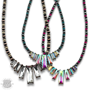 Rhinestone rectangle and burnished bead necklace