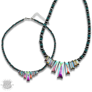 Rhinestone rectangle and burnished bead necklace