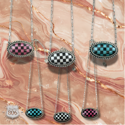 Checkerboard print oval pendant necklace