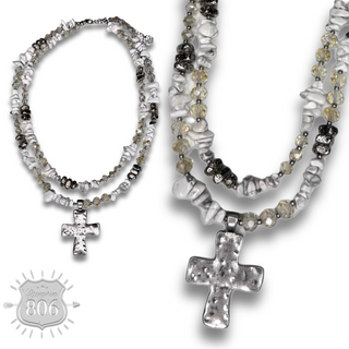 Textured cross pendant on chip stone double strand necklace