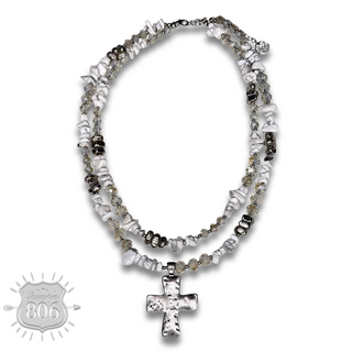 Textured cross pendant on chip stone double strand necklace