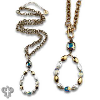 Oval bead teardrop pendant necklace with Austrian crystal