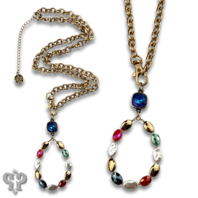 Oval bead teardrop pendant necklace with Austrian crystal