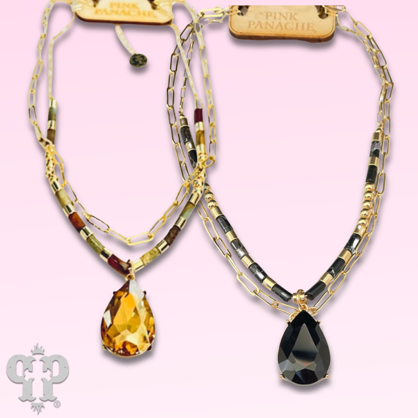 Large rhinestone teardrop and natural stone necklace