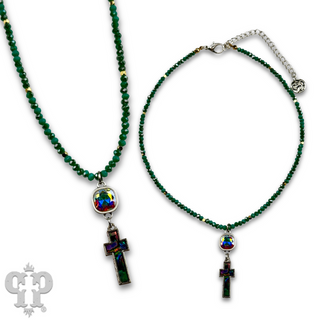 Pearl finish cross charm necklace with Austrian crystal
