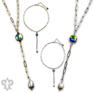 Pearl drop chain necklace with Austrian crystal