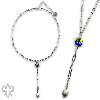 Pearl drop chain necklace with Austrian crystal