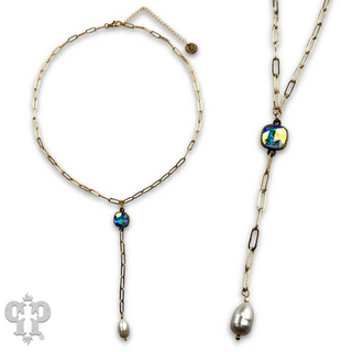 Pearl drop chain necklace with Austrian crystal