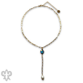 Pearl drop chain necklace with Austrian crystal