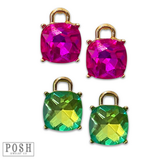 Square rhinestone with gold arch post earring