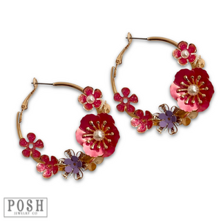 Metallic flower hoop earring