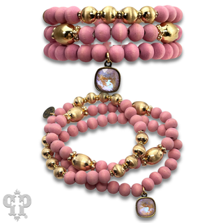 Wood and gold bead bracelet set with Austrian crystal