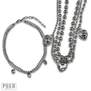 Three strand rhinestone heart charm necklace