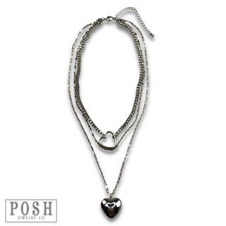 Three strand puffed heart charm necklace