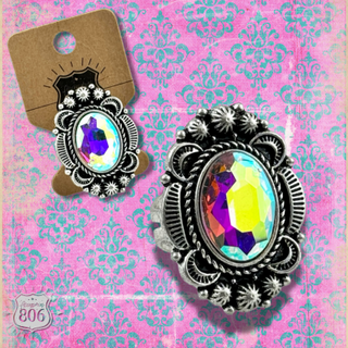 Western silver and iridescent statement ring