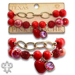 Red puffed heart charm bracelet, Austrian crystal
