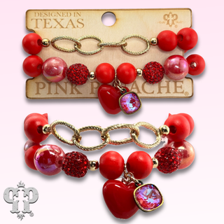 Red puffed heart charm bracelet, Austrian crystal