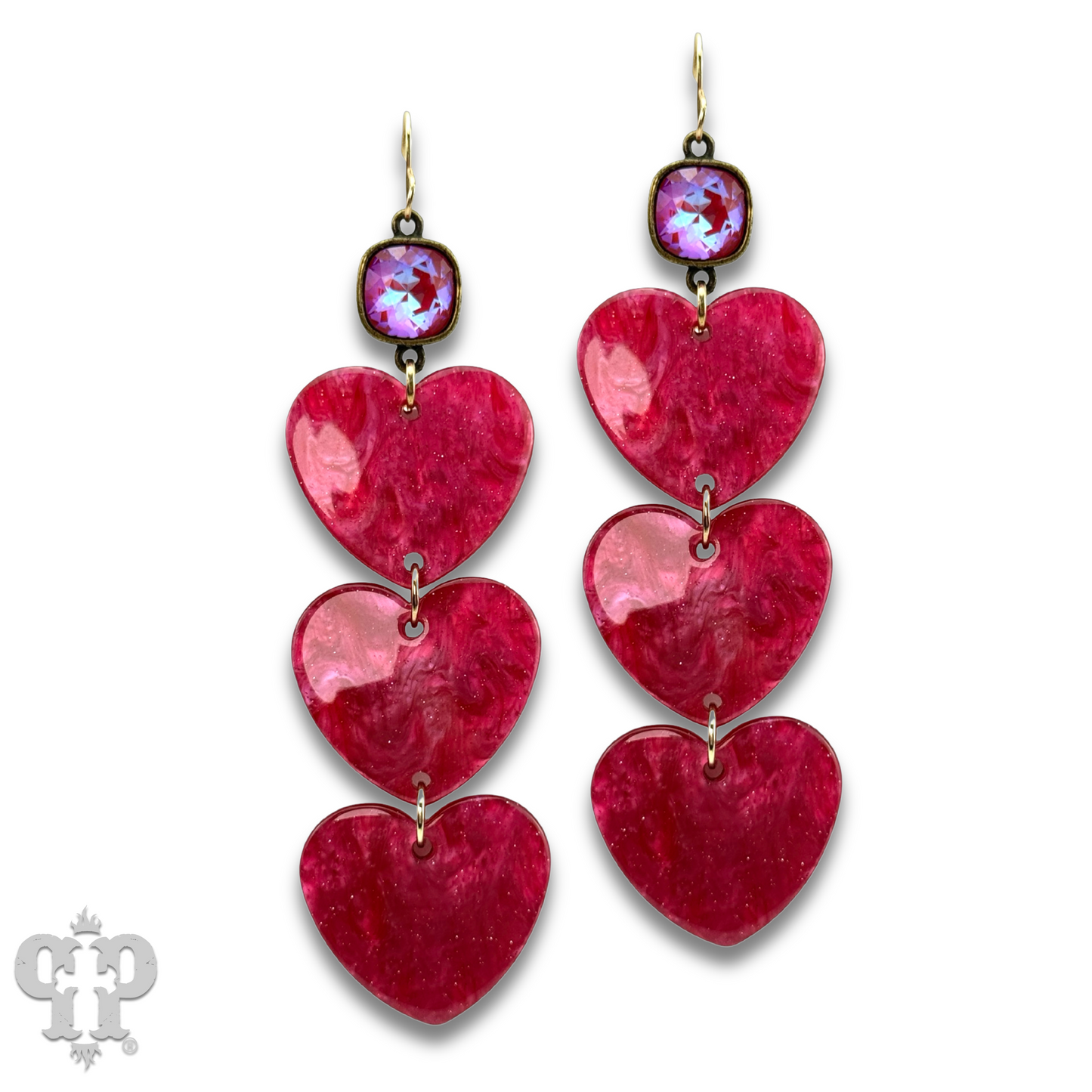 Triple acrylic heart earring, Austrian crystal