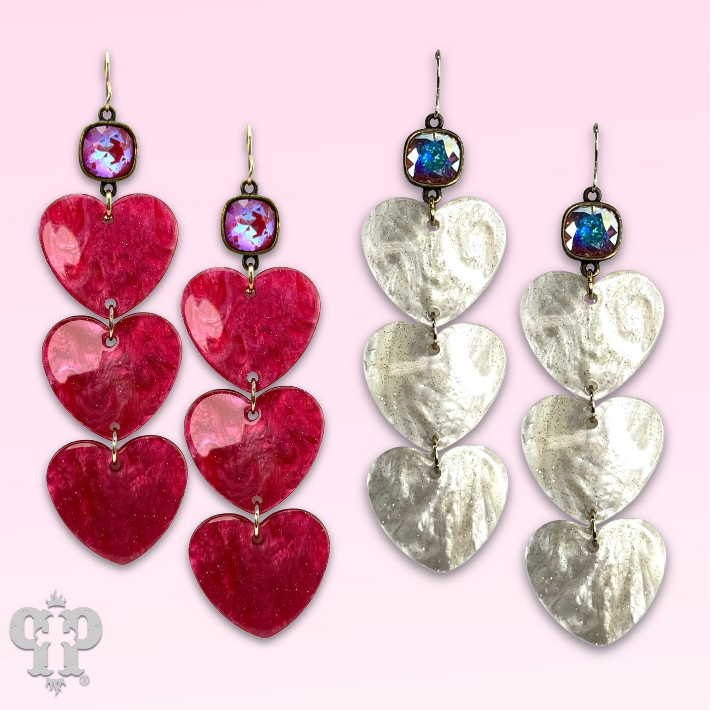 Triple acrylic heart earring, Austrian crystal