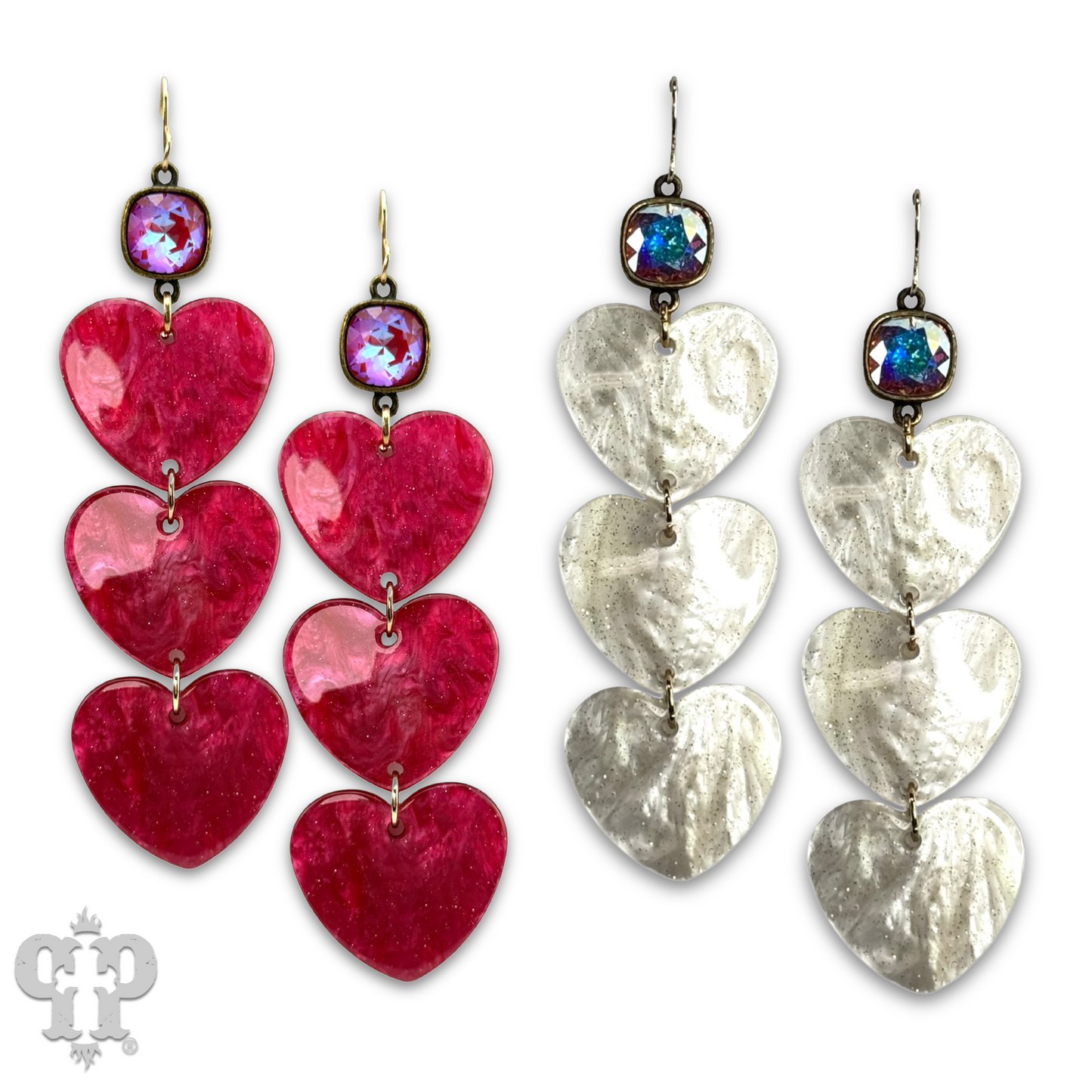 Triple acrylic heart earring, Austrian crystal