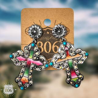 Western serape cross earring