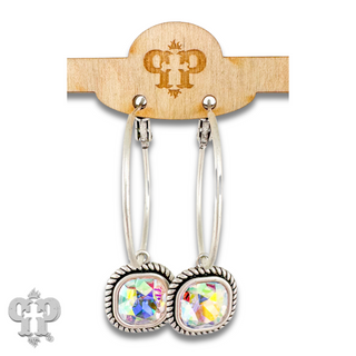 Rope edge square crystal hoop earring