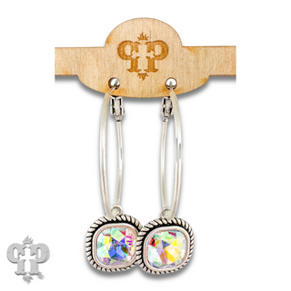 Rope edge square crystal hoop earring