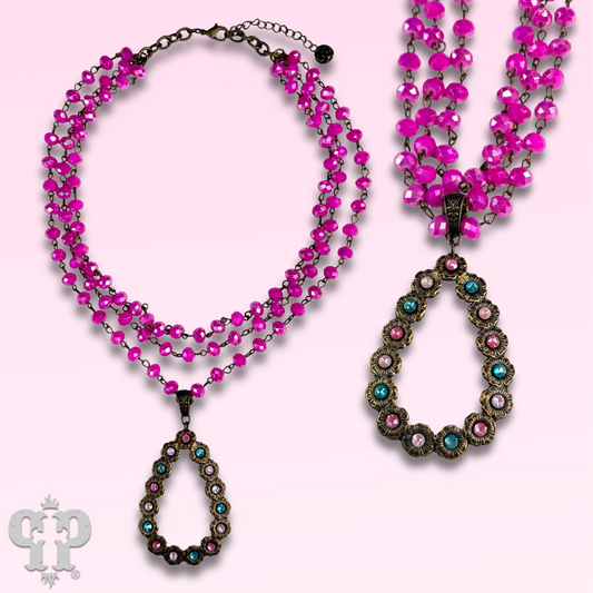 Fuchsia bead necklace with Austrian crystal pendant