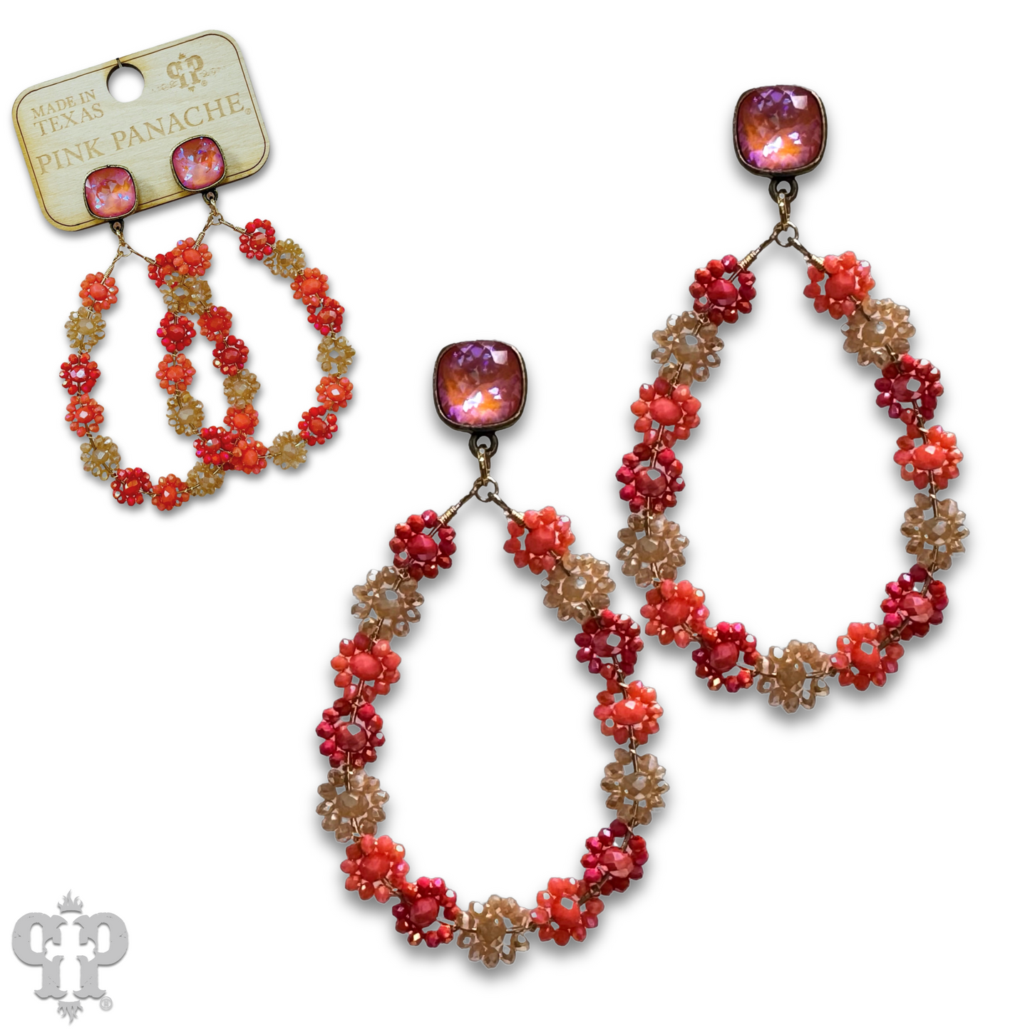 Bead woven flower teardrop earring, Austrian crystal