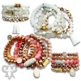 Five strand bead bracelet stack with charms