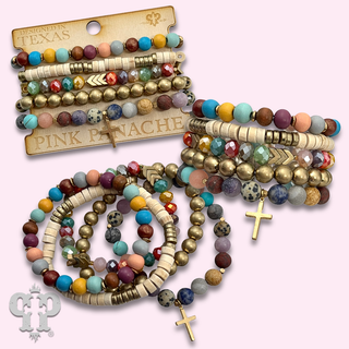 Multi-color and gold bead bracelet set, cross charm - LC