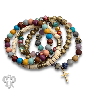 Multi-color and gold bead bracelet set, cross charm - LC