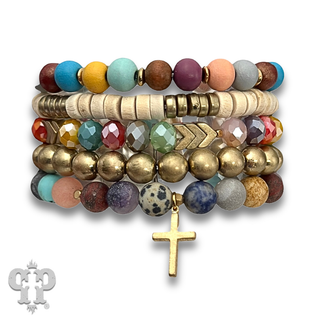 Multi-color and gold bead bracelet set, cross charm - LC