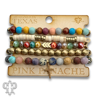 Multi-color and gold bead bracelet set, cross charm - LC