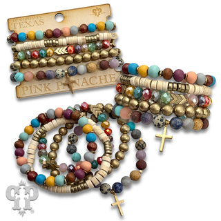 Multi-color and gold bead bracelet set, cross charm - LC