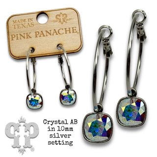 Austrian square crystal on medium hoop earring, 10mm