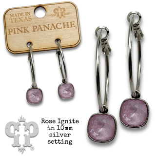 Austrian square crystal on medium hoop earring, 10mm