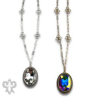 Large oval crystal pendant and flower chain necklace